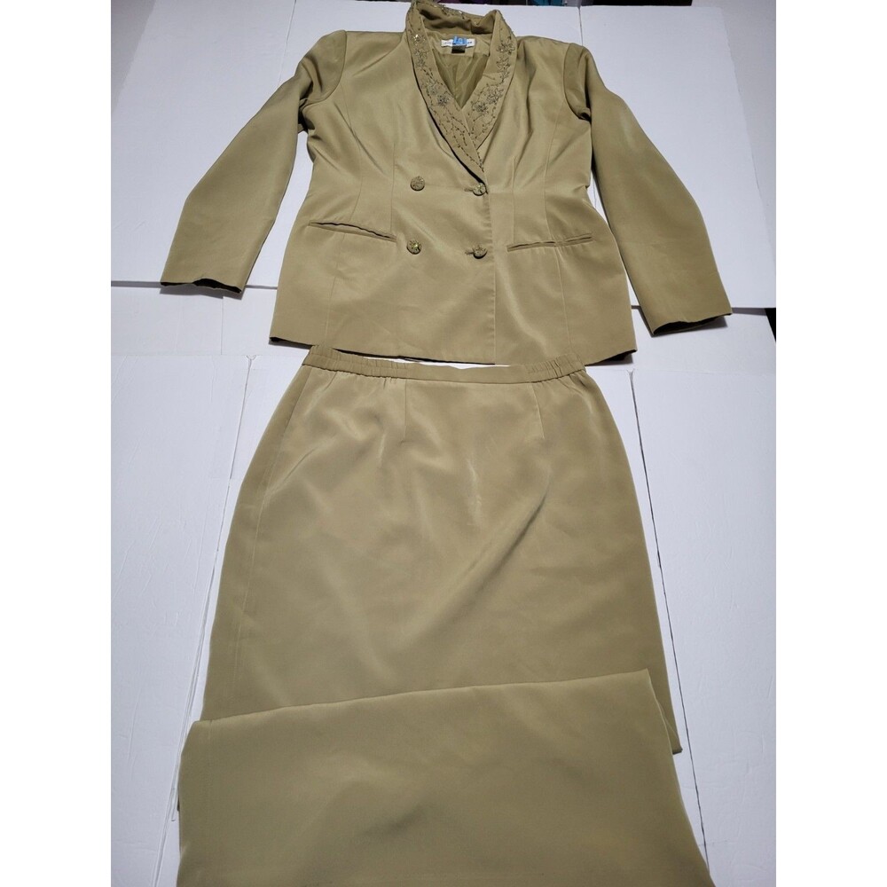 Justin Taylor Women's 2 Piece Suit Set Embroidered Jacket Skirt Beige Size 12